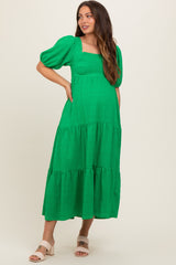 Green Textured Maternity Tiered Midi Dress