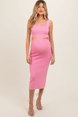 Pink Sleeveless Side Cutout Maternity Midi Dress