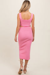 Pink Sleeveless Side Cutout Maternity Midi Dress