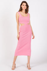 Pink Sleeveless Side Cutout Maternity Midi Dress