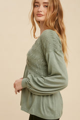 Sage Long Sleeve V Neck Babydoll Blouse