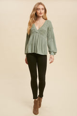 Sage Long Sleeve V Neck Babydoll Blouse