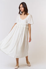 Ivory Button Front Lace Trim V-Neck Short Sleeve Midi Dress