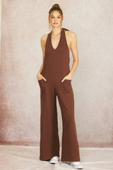 Brown Halter Front Pocket Knit Jumpsuit