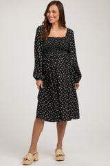 Black Floral Smocked Square Neck Maternity Midi Dress