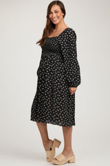 Black Floral Smocked Square Neck Maternity Midi Dress