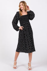 Black Floral Smocked Square Neck Maternity Midi Dress