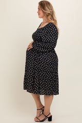 Black Floral Smocked Square Neck Plus Maternity Midi Dress