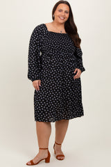 Black Floral Smocked Square Neck Plus Maternity Midi Dress