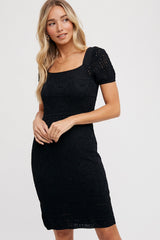 Black Crochet Square Neck Short Sleeve Maternity Dress