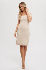 Beige Crochet Square Neck Short Sleeve Maternity Dress