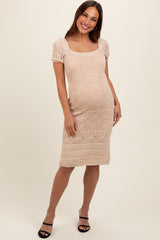 Beige Crochet Square Neck Short Sleeve Maternity Dress