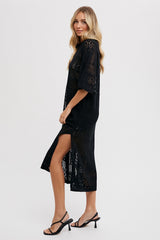 Black Open Knit Front Tie Side Slit Midi Swim Cover Up