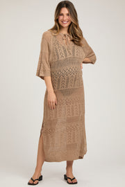 Taupe Open Knit Front Tie Side Slit Midi Maternity Swim Cover Up