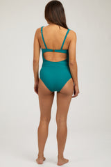 Teal Scallop Trim Maternity One Piece Swimsuit