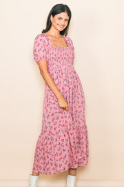 Pink Floral Smocked Short Sleeve Midi Dress