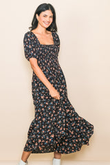 Black Floral Smocked Short Sleeve Maternity Midi Dress