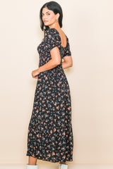 Black Floral Smocked Short Sleeve Midi Dress