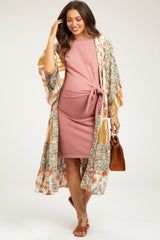 Cream Floral Tiered Ruffle Sleeve Maternity Cover Up