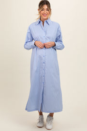 Blue Pinstriped Button Front Side Slit Maternity Midi Shirt Dress