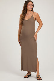 Taupe Ribbed Side Slit Maternity Maxi Dress