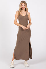 Taupe Ribbed Side Slit Maxi Dress