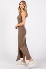 Taupe Ribbed Side Slit Maxi Dress