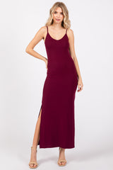 Burgundy Ribbed Side Slit Maxi Dress