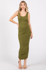 Olive Ruched V-Back Midi Dress