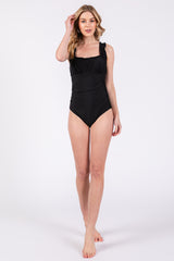 Black Ruched Scalloped One Piece Swimsuit