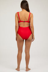 Red Ruched Scalloped Maternity One Piece Swimsuit