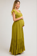 Lime Smocked Crossover Off Shoulder Maternity Maxi Dress