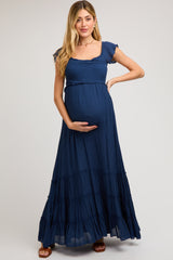 Navy Smocked Crossover Off Shoulder Maternity Maxi Dress