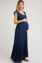 Navy Smocked Crossover Off Shoulder Maternity Maxi Dress