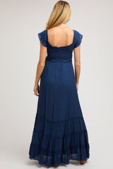 Navy Smocked Crossover Off Shoulder Maternity Maxi Dress