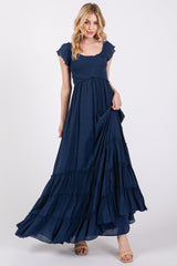 Navy Smocked Crossover Off Shoulder Maternity Maxi Dress