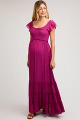 Violet Smocked Crossover Off Shoulder Maternity Maxi Dress