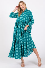 Emerald Floral 3/4 Sleeve Collared Maxi Dress