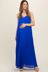 Royal Blue Pleated Sleeveless Maternity Maxi Dress