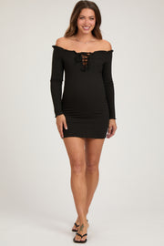 Black Ruffle Off Shoulder Maternity Fitted Mini Dress