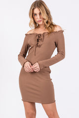 Brown Ruffle Off Shoulder Maternity Fitted Mini Dress