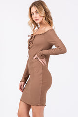 Brown Ruffle Off Shoulder Fitted Mini Dress