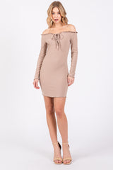 Taupe Ruffle Off Shoulder Fitted Mini Dress