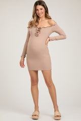 Taupe Ruffle Off Shoulder Maternity Fitted Mini Dress