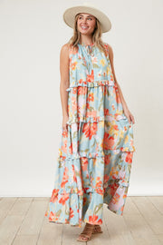 Light Blue Floral Sleeveless Ruffle Tiered Maxi Dress