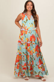 Light Blue Floral Sleeveless Ruffle Tiered Maternity Maxi Dress