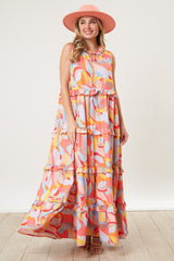 Orange Abstract Ruffle Tiered Maxi Dress