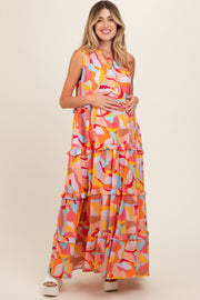 Orange Abstract Ruffle Tiered Maternity Maxi Dress