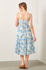 Blue Floral Sweetheart Neck Button Front Midi Dress