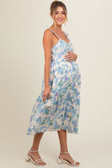 Blue Floral Sweetheart Neck Button Front Maternity Midi Dress